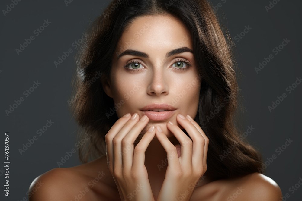 Woman with long brown hair and greenish-blue eye shade Woman with long brown hair and greenish-blue eye shade