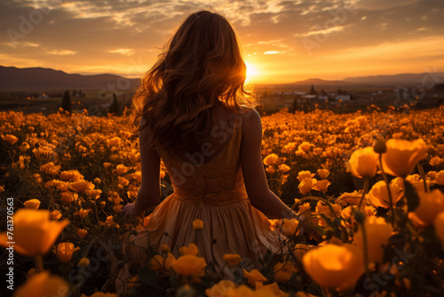 Woman is sitting in field of yellow flowers