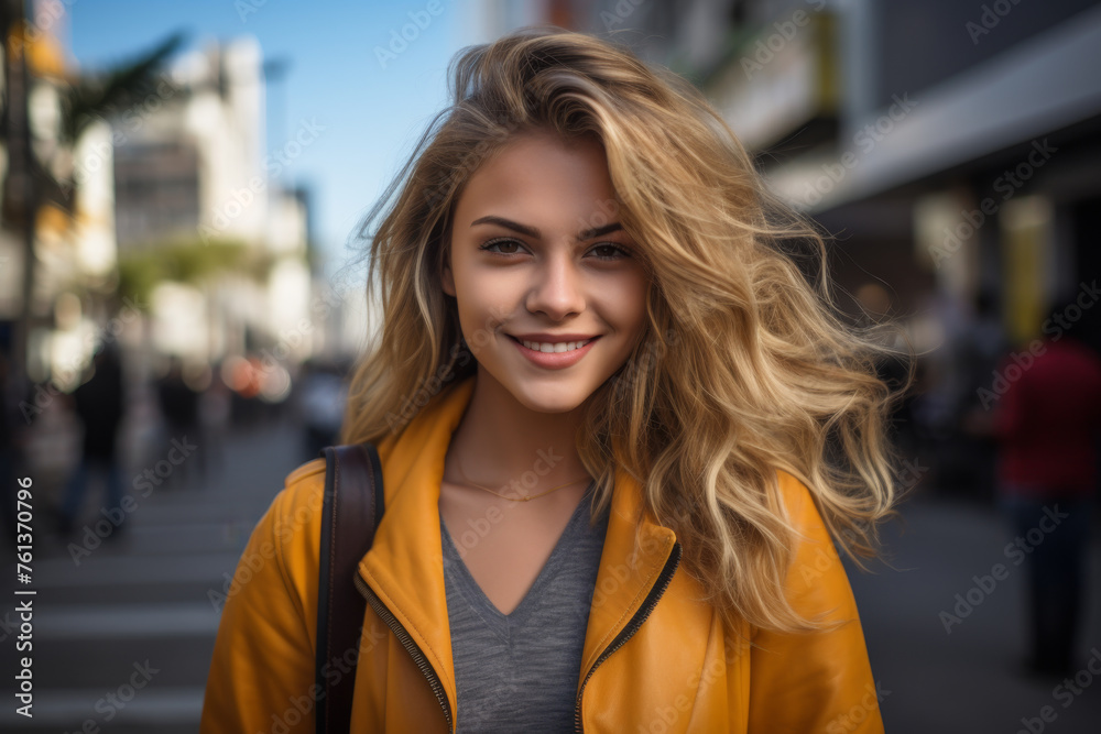Naklejka premium Woman with blonde hair and yellow jacket is smiling for camera