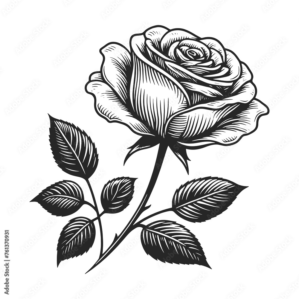 beautifully detailed engraved rose with buds and leaves, perfect for elegant themes sketch line art engraving generative ai raster illustration. Scratch board imitation. Black and white image.