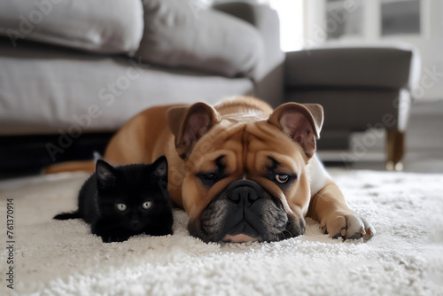 A French bulldog and a black kitten lie together on a white carpet in a room near the sofa.