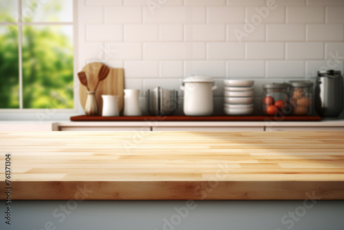 Kitchen counter with wooden top and window in background