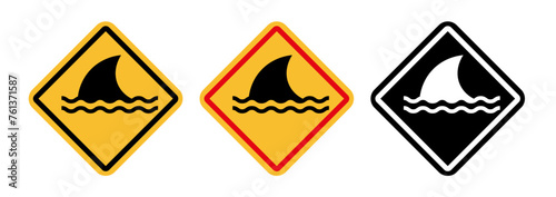 Beach Shark Hazard Warning. Caution for Shark Presence. Sea Predator Danger Sign