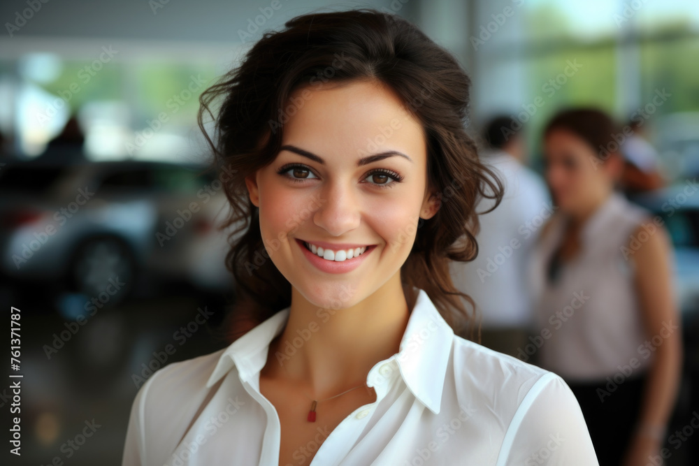 A woman with a white shirt and a necklace is smiling A woman with a white shirt and a necklace is smiling