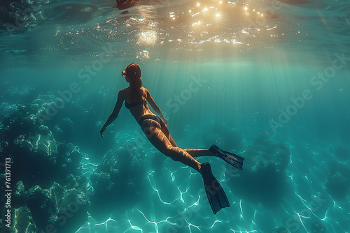 Girl diving in cavern with lightbeams coming on top of her