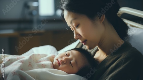 A mother holding her newborn baby close to her heart. Fictional character created by Generated AI.  photo