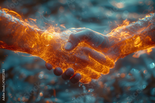 A powerful handshake with energy waves radiating from the point of contact, symbolizing the strength and impact of a solid agreement. Concept of impactful agreements. Generative Ai. photo