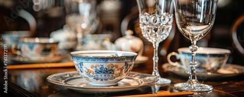 Closeup antique Chinese tea cups and crystal wine glasses, at home