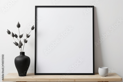Black framed white picture sits on wooden shelf next to vase © vefimov