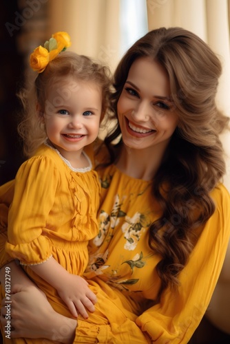 A mother and daughter wearing matching yellow outfits and smiling brightly.. Fictional character created by Generated AI. 