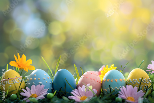 A vibrant and festive Easter background, featuring colorful eggs, spring flowers, and delicate decorations, perfect for Easter-themed designs and projects.