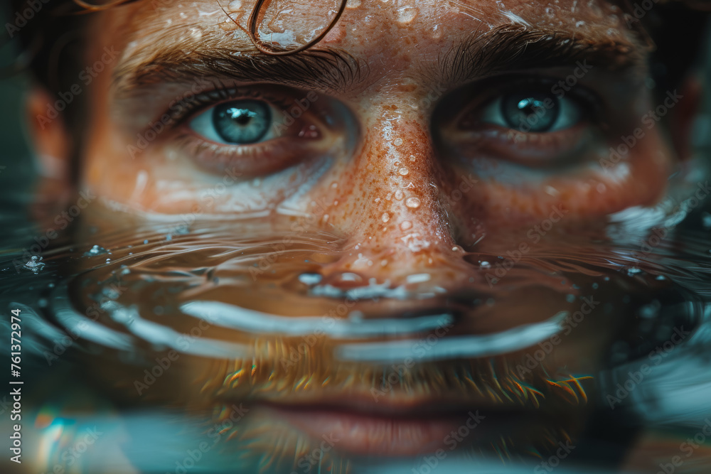 A man looking at his reflection in water, seeing distorted ripples reflecting internal turmoil. Concept of distorted self-reflection. Generative Ai. A man looking at his reflection in water, seeing distorted ripples reflecting internal turmoil. Concept of distorted self-reflection. Generative Ai.