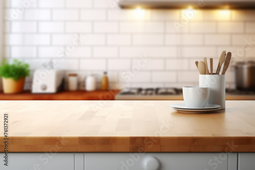 Kitchen counter with white plate and cup on it