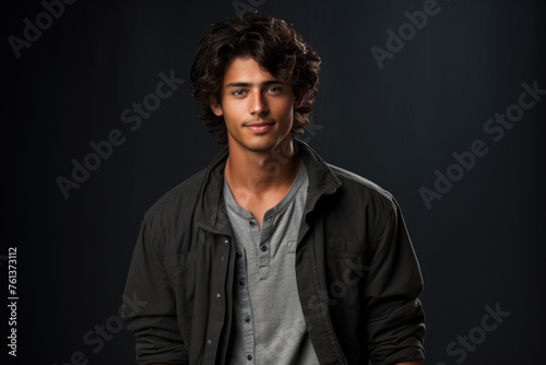 Young man with dark hair and gray shirt is smiling for camera