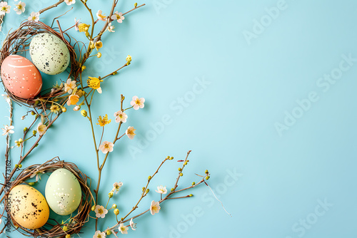 Cheerful Easter background with colorful eggs, spring flowers, and delicate decorations, ideal for festive designs