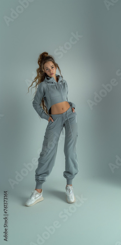 Beautiful young woman in a fashionable tracksuit, sportswear for every day