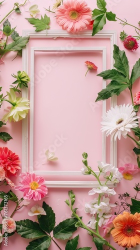 fresh flowers of various colors and green leaves placed around empty white photo frame against pink background