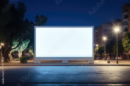 Large white billboard sits in middle of city street at night