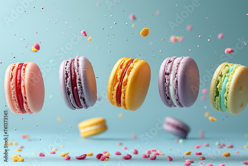 Flying different colorfull macarons on pastel background, pink, yellow, purple, green color macaroons