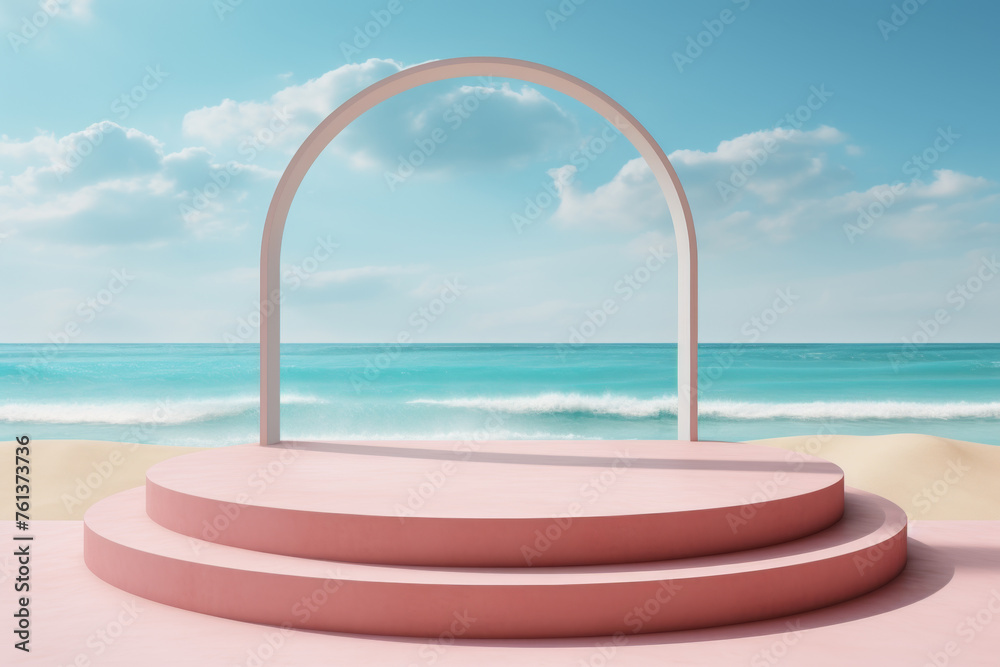 Pink stage with white arch in middle of beach