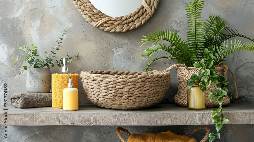 Basket of chemical and alternative eco detergent, cleaning and laundry products on a table with towels and gray wall background сreated with Generative Ai