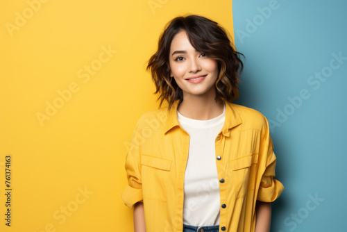 Woman in yellow shirt is smiling and standing in front of blue wall © vefimov