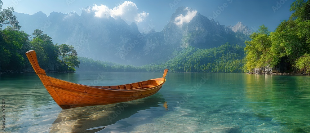 wooden boat rests on the clear waters of a serene lake, framed by ...