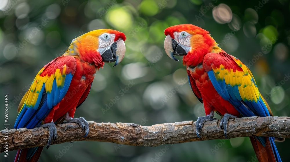 Scarlet macaws perched on branch, facing each other with blurred background, copy space for text