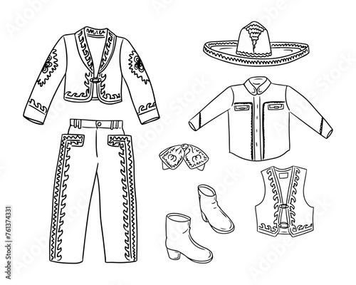 Mariachi costume hand drawn sketch drawings. Vector black outline drawings on white background. Ideal for decoration, coloring pages, stickers, tattoo, pattern