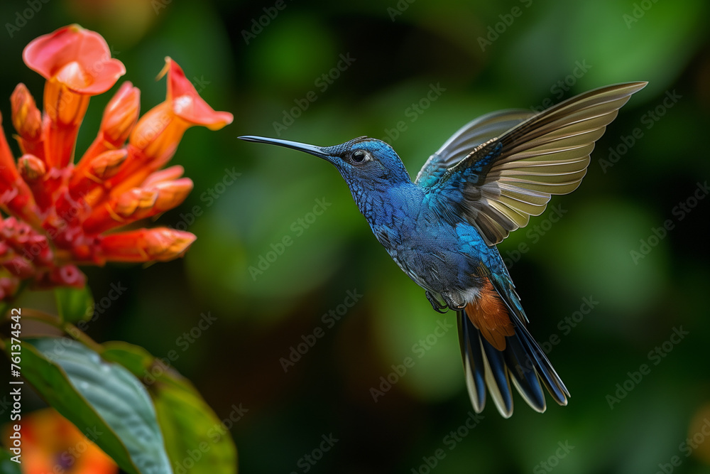 Fototapeta premium Big blue hummingbird Violet Sabrewing flying next to beautiful red flower with clear green forest nature in background. Tinny bird fly in jungle