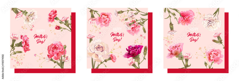 Set of rectangular congratulation cards for Mother's Day. Frames with pink, red, white carnation flowers on bright background. Template for mother greeting. Realistic illustration in watercolor style