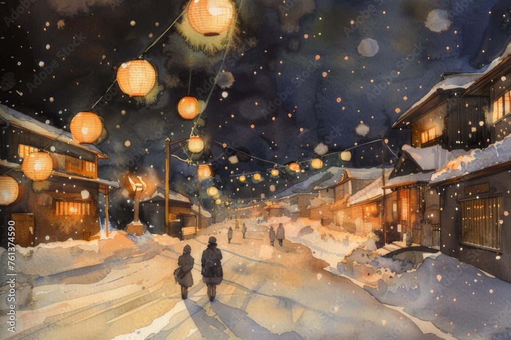 Obraz premium Watercolor illustrations that capture the enchanting atmosphere of the Otaru Snow Trail Festival. which has roads lit with lights