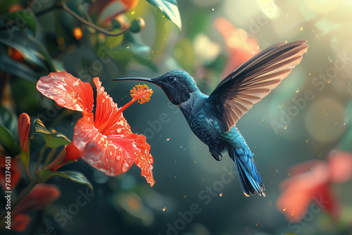 Big blue hummingbird Violet Sabrewing flying next to beautiful red flower with clear green forest nature in background. Tinny bird fly in jungle photo