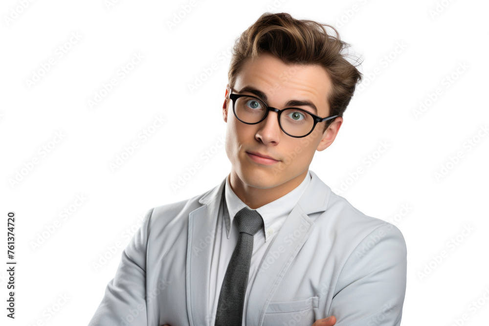 Man in suit and tie with glasses is posing for photo