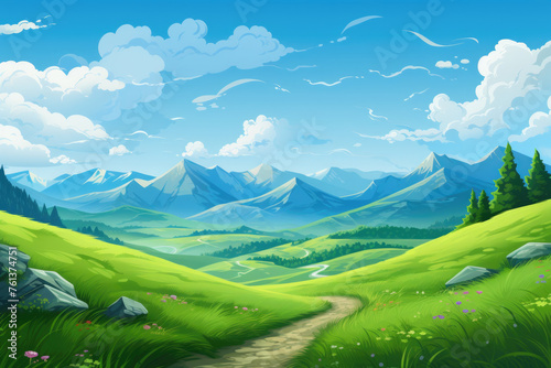 Beautiful mountain landscape with winding path through grassy field