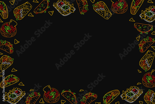 Horizontal frame with Mexican food. Dark theme. Frame template or design print with traditional street food. Good for banner, background, social media graphics