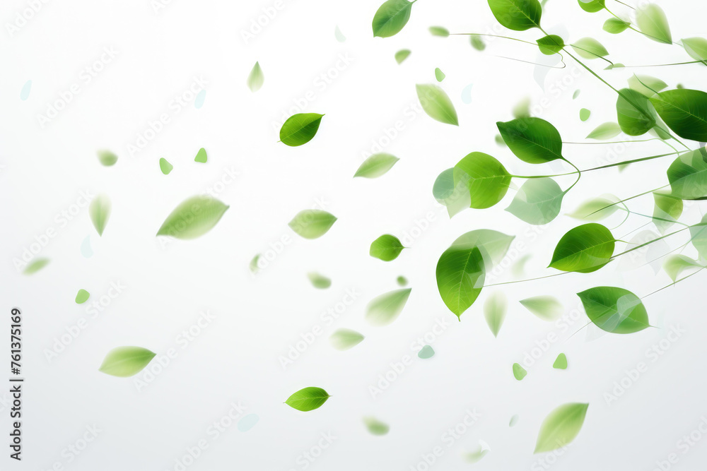 White background with green leaves and green leaves falling from tree
