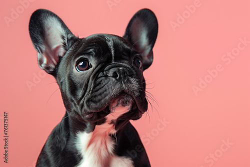 Close-up banner with puppy dog, isolated on pink background with copy space © Anna