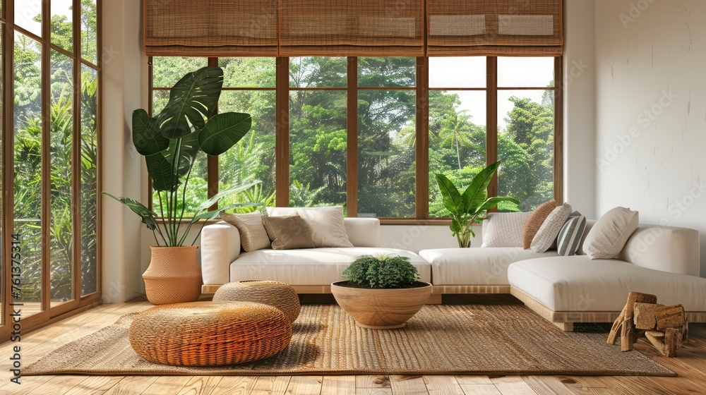 Boho interior design of modern living room, home. Rustic furniture in room with big windows. Boho interior design of modern living room, home. Rustic furniture in room with big windows.
