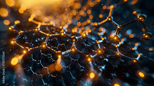 Molecular lattice in biotech research close range intricate bonds dim lighting