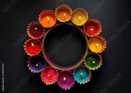 Diwali Festival Concept, Top View of Colorful Illuminated Candles or Lamps (Diya) Arranged in Circular Shape on Black Background.