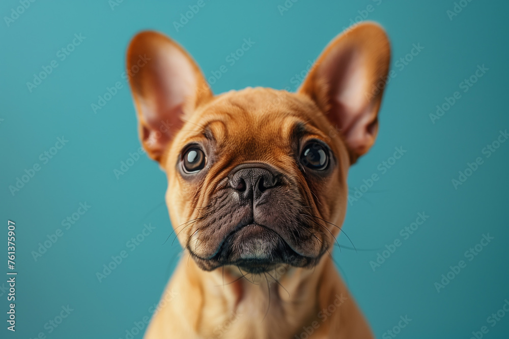 Close-up banner with puppy dog, isolated on blue background with copy space