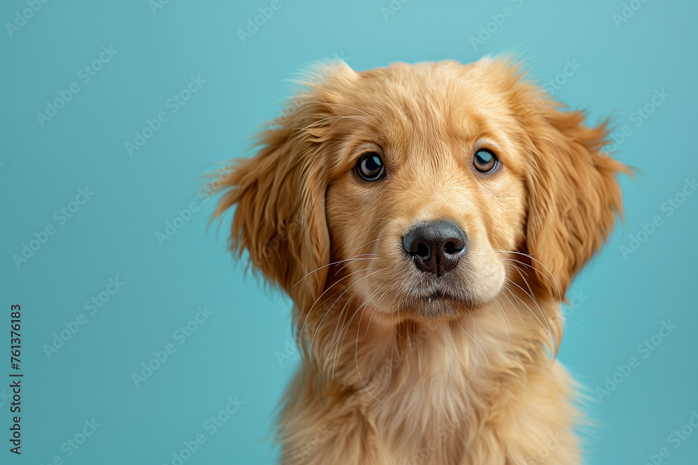 Close-up banner with puppy dog Golden retriever isolated on blue background with copy space