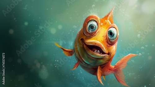 A cartoon fish with big eyes and a big smile is swimming in the ocean