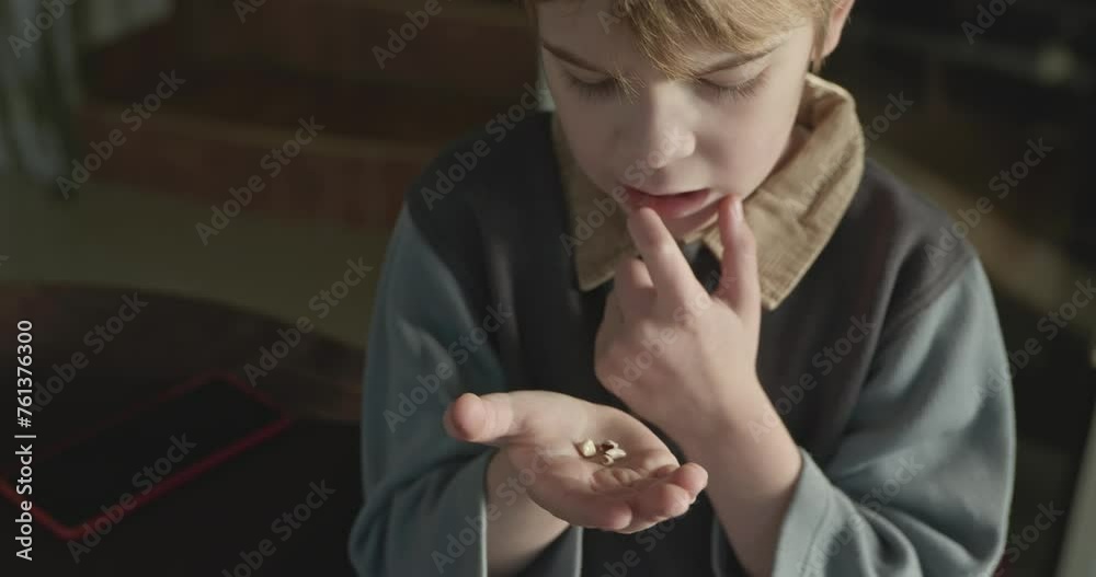 Child Counts Fallen Out Milk Teeth with Hand Fingers. Kid Boy Shows Lost Baby Tooth. Slow motion 4K 10-bit Child Counts Fallen Out Milk Teeth with Hand Fingers. Kid Boy Shows Lost Baby Tooth. Slow motion 4K 10-bit
