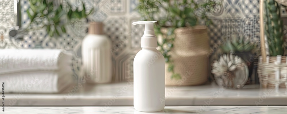 White bottle for bathing products in bathroom on table and mosaic White bottle for bathing products in bathroom on table and mosaic