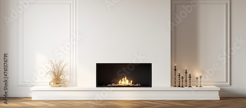 In the center of the living room, there is a rectangular hearth where wood or gas can be burned to provide heat. The flooring around the fireplace is either hardwood or laminate flooring photo