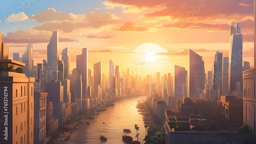sunset over the city, A creative and visually descriptive prompt: a global day where the sun sets over a bustling metropolis, casting a warm glow over the city's diverse inhabitants.
