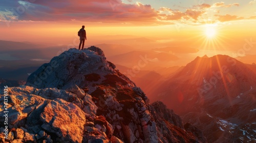 Man at Sunrise on Mountain Peak