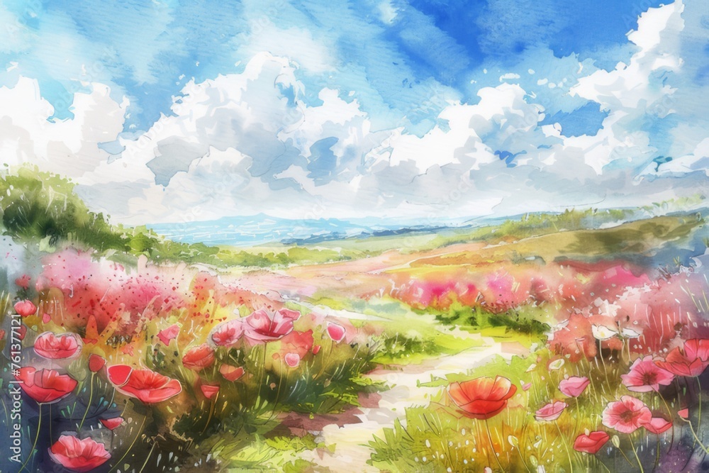Watercolor image of Hitachi Seaside Park It showcases fields of colorful flowers and vast greenery. Watercolor image of Hitachi Seaside Park It showcases fields of colorful flowers and vast greenery.